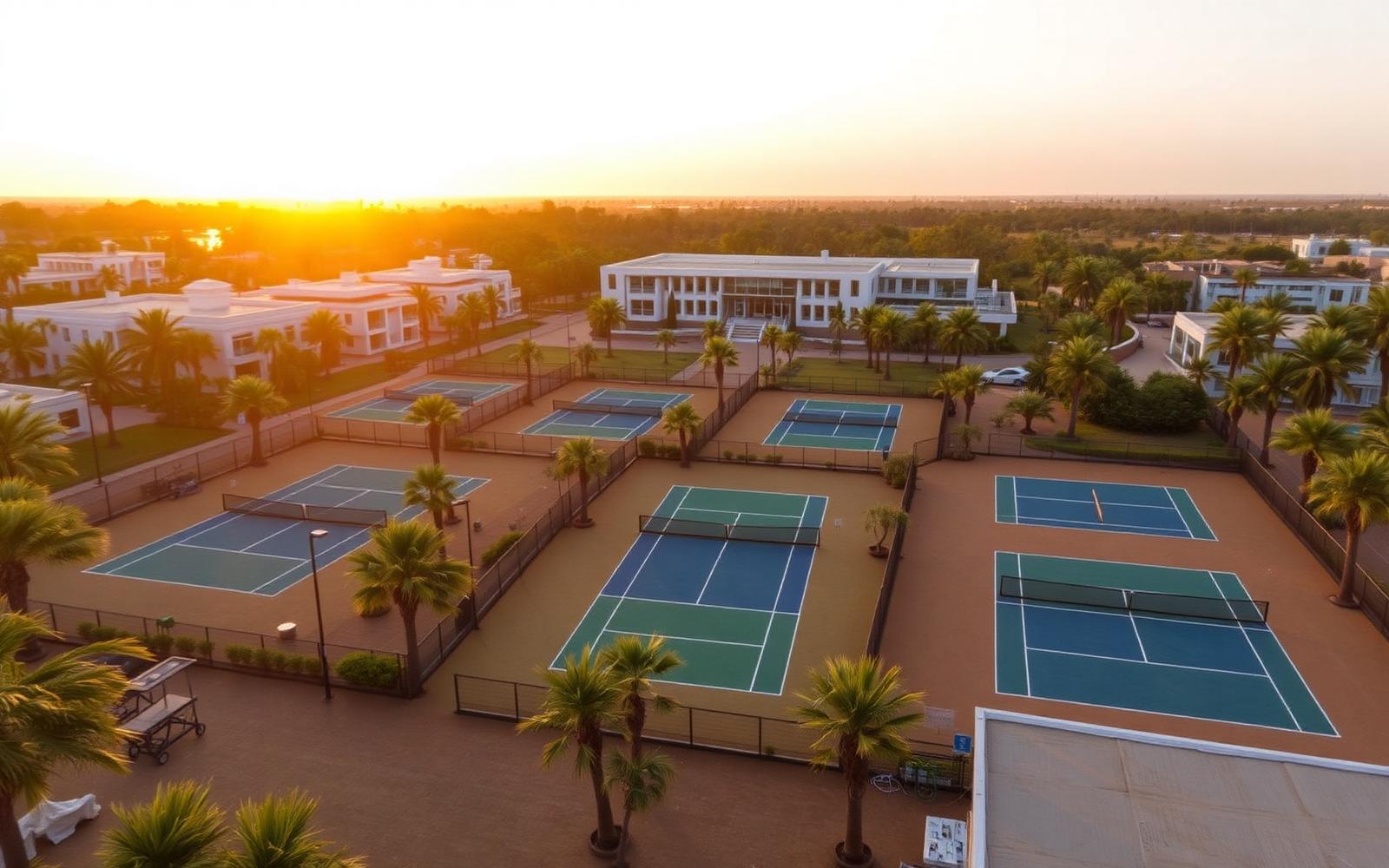 Vue aérienne des courts de tennis et padel de l'ADN Academy au coucher du soleil